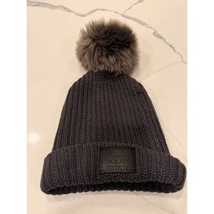 Love Your Melon Pom Pom Beanie Hat Charcoal Grey Knit Faux Fur